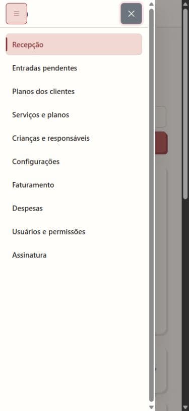 Menu operacional do modo salão aberto em um celular.