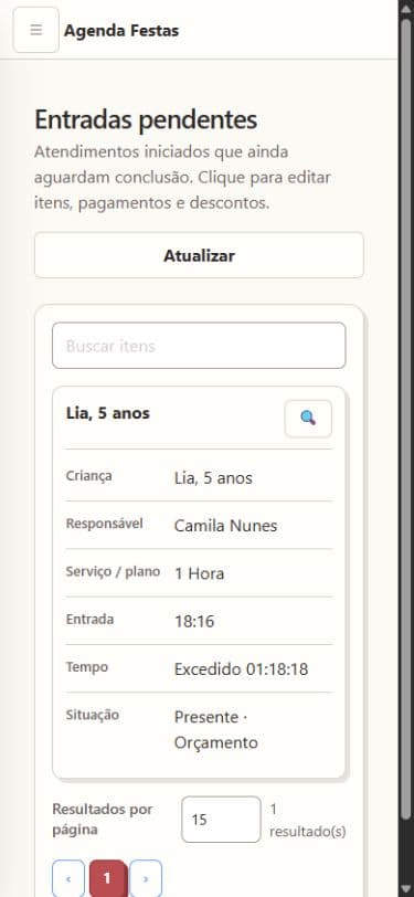 Entrada fictícia pendente no modo salão, exibida sem animação.